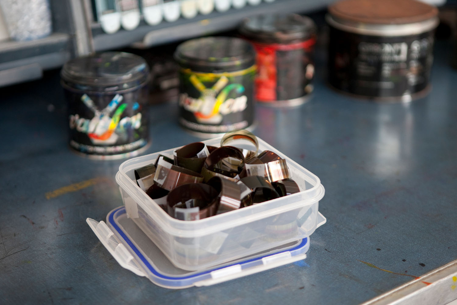 16mm film snippets in the letterpress workshop of Plymouth University